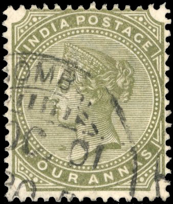 INDIA 1882 SG96w Used 4a slate-green watermark inverted Bombay cds 'OC 01'