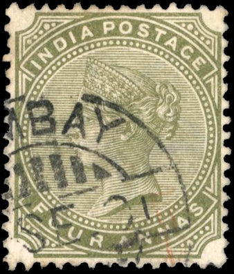INDIA 1882 SG96w Used 4a slate-green watermark inverted Bombay cds 'SE 01'