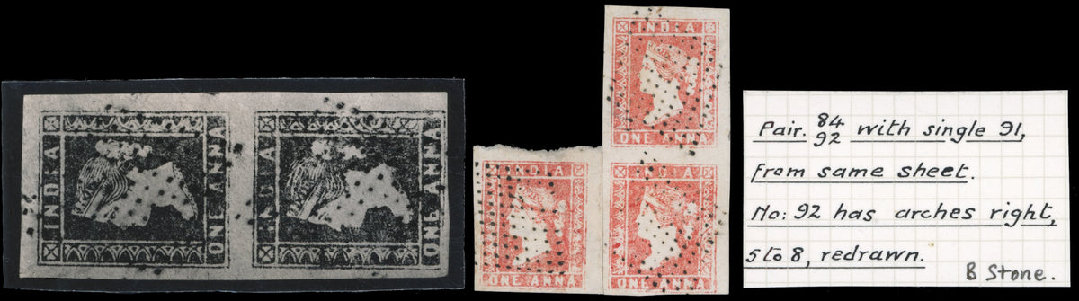 INDIA 1854 SG12/var Used 1a red die I 'B' stone vertical pair and single with retouch ex Dawson
