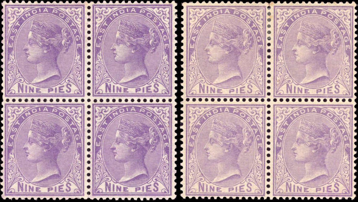 INDIA 1874 SG77, 78 Mint 9p bright mauve and pale mauve blocks of 4