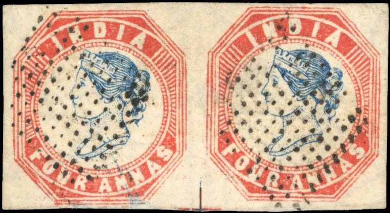INDIA 1854 SG22 Used 4a deep blue and red 4th printing horizontal pair ex Rose Hutchinson