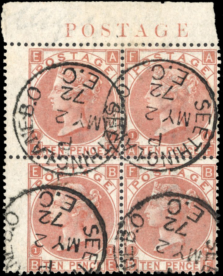 Great Britain SG 113 Used 1867 10d pale red-brown plate 1 marginal block of 4