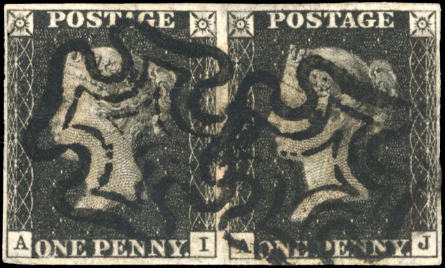 Great Britain SG 2 Pl.10 Used 1840 1d black plate 10 horizontal pair lettered AI-AJ