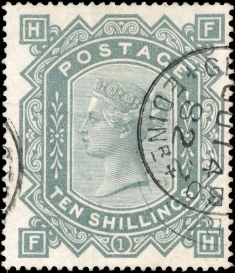 Great Britain SG 128 Used 1878 10s grey-green plate 1 lettered FH