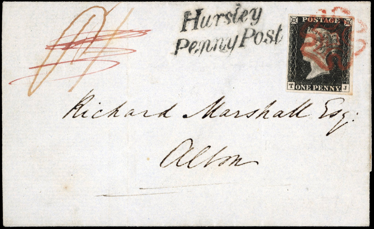 Great Britain SG 2 Pl.1 Cover 1840 1d black plate 1b Hursley Penny Post entire to Alton