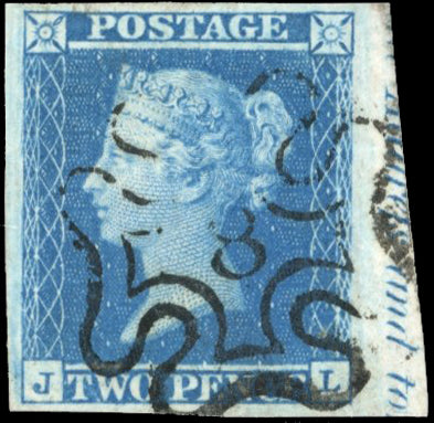 Great Britain SG 14f Pl.3 Used 1841 2d blue plate 3 right marginal lettered JL London No.8 MC