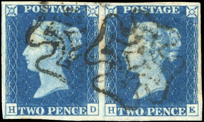 Great Britain SG 5 Pl.2 Used 1840 2d blue plate 2 horizontal pair lettered HD-HE