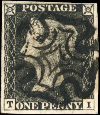 Great Britain SG 3 Pl.1 Used 1840 1d grey black plate 1a lettered TI
